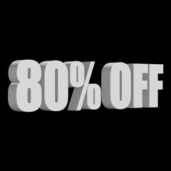 80 percent off letters on black background. 3d render isolated.