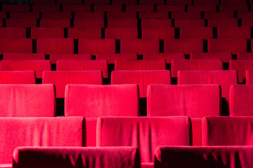 Obraz premium Rows of red velvet theater seats.