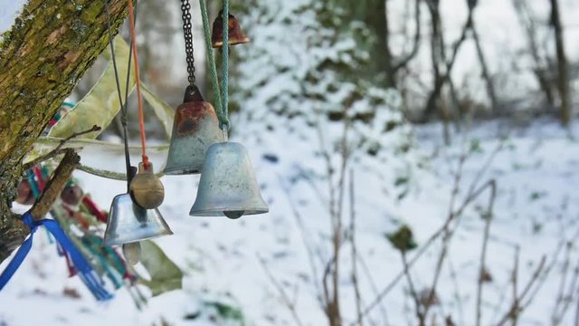 Bells in a winter forest blowing gently in the wind.
