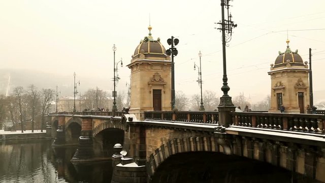 View of the bridge over the Vltava river in Prague at  foogy winter day Feb 07, 2017 Prague  Czech Republic.