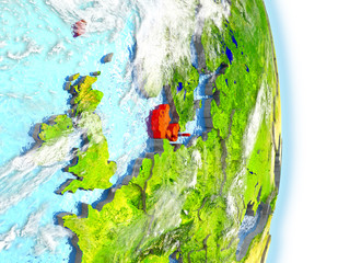 Denmark in red on Earth