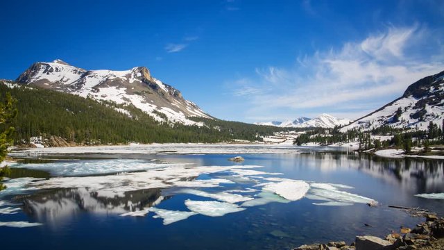 Timelapse of Melting Ice in Reflective Alpine Lake in Yosemite 