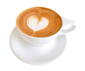Hot coffee latte art heart shape foam isolated on white background, clipping path included
