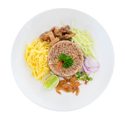 Thai food, fried rice with shrimp paste top view isolated on white background, clipping path included