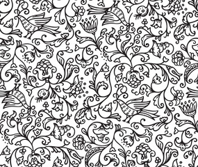 Seamless Floral Pattern Background With Birds and Flowers