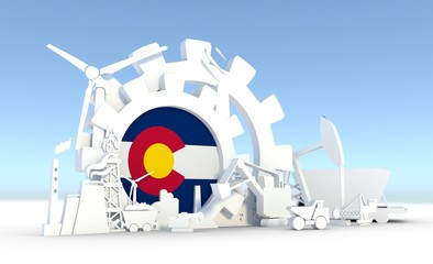 Energy and Power icons set with Colorado flag. Sustainable energy generation and heavy industry. 3D rendering.