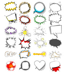 Cartoon set explosion effects and speech bubbles, pop art vector style. Comics book background templates.