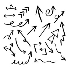Hand drawn arrow set collection of black direction pencil sketch symbols, vector illustration graphic design