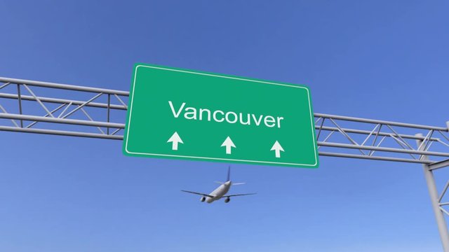 Twin engine commercial airplane arriving to Vancouver airport. Travelling to Canada conceptual 4K animation