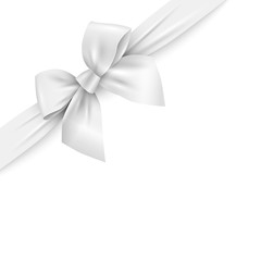 Realistic white ribbon with bow on white background