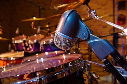 microphone on the background of the drum set, close-up