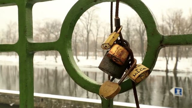 Love locks at bridge  in Prague  PRAGUE, CZECH REPUBLIC - Feb 7, 2017