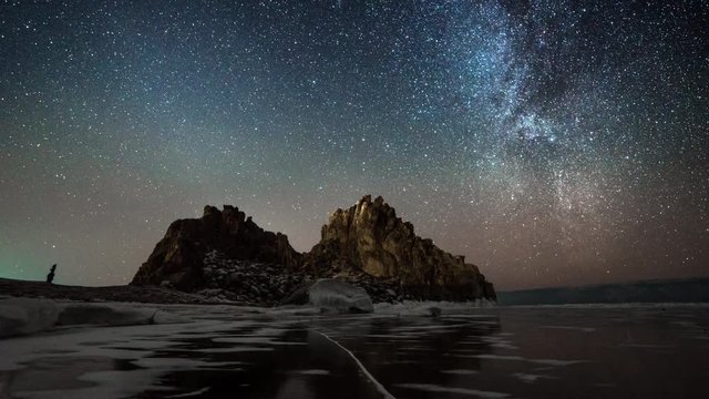 Time lapse starry sky on the lake Baikal.