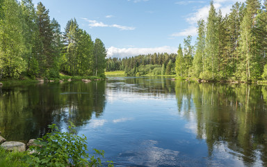 Fototapeta na wymiar Reflections of calm lake in summerday
