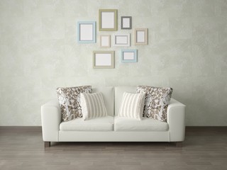 Mock up poster with a compact sofa on a background of decorative plaster.