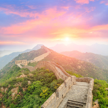 Beautiful and spectacular Great Wall of China at sunset