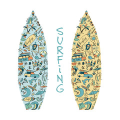 Surfboard sketch, design made from surf icons set