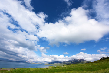 Sayram Lake with blue sky and white clouds in Xiniang