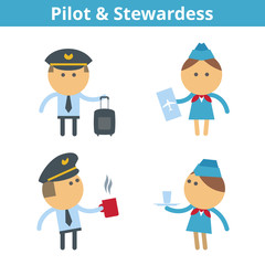 Occupations cartoon character set: pilot, aviator and stewardess. Vector flat airplane crew professions userpic and icons. Collection for profiles, web design, social networks and infographics.