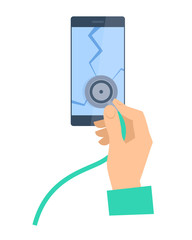 The hand with stethoscope examing broken smartphone. Phone repair flat concept illustration. Human hand holds a phonendoscope and checks cellphone screen. Vector design element for web, infographic.