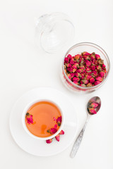 pink buds. Tea made from dried rosebuds