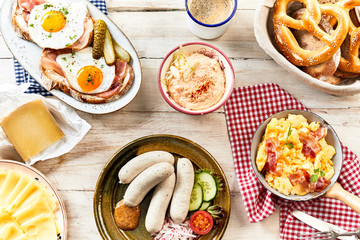 Buffet of traditional bavarian breakfast foods