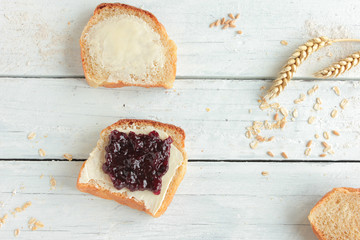 Butterbrot Marmelade Fruchtaufstrich Top View Overhead Tisch Brot Butter