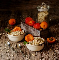 healthy breakfast of muesli and apricot, selective focus