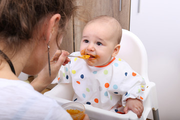 Mother feeding her baby solids - Learning to eat