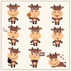 Funny little cow set in different poses. Collection isolated cow in cartoon style.