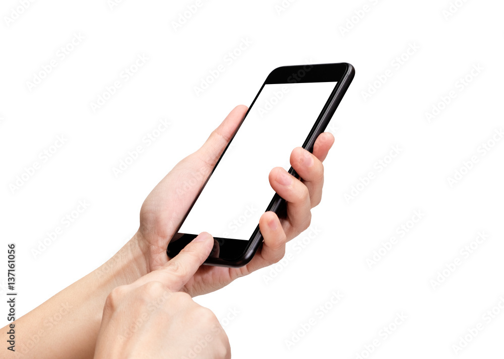 Fototapete Hand holding black mobile phone and touch on button with blank screen isolated on white background,Mock up for display of your content of replace with background