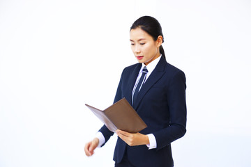 Business woman wears suit is on white background.