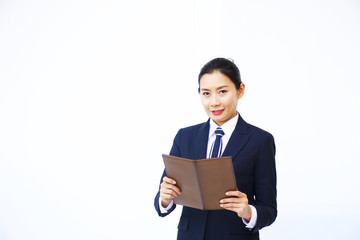 Business woman wears suit is on white background.