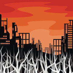 The city which has burned out, destroyed by bombings. Vector background. A template for an anti-war poster.