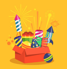 Fireworks and Pyrotechnics in Box on Yellow