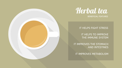 Herbal tea: properties and health benefits. Cup of beverage, top view
