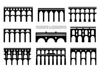 Set of bridge silhouettes. Viaducts, aqueducts, rail and multilevel arched bridges. Concept for logo, icon. - obrazy, fototapety, plakaty