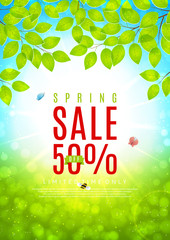 Beautiful flyer for spring sale. Vector illustration. Spring day background with sunshine and tree branches.