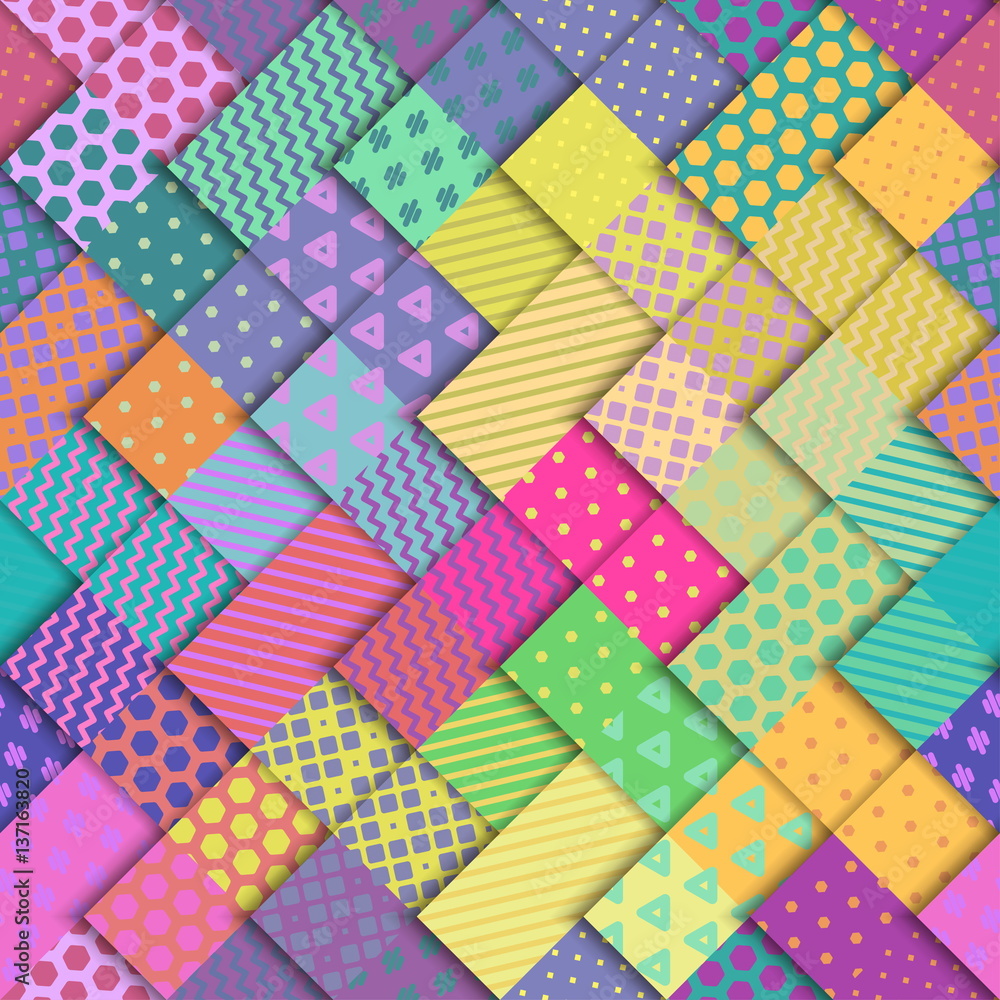 Aufkleber seamless vector colorful bright pattern. paper squares of different colors with ornaments lying on e