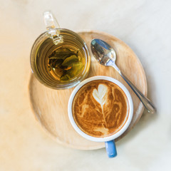 Top view cup of coffee and tea