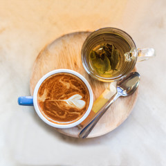 Top view cup of coffee and tea