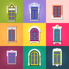 Vector set of flat vintage decorative different windows on colorful grunge facades.