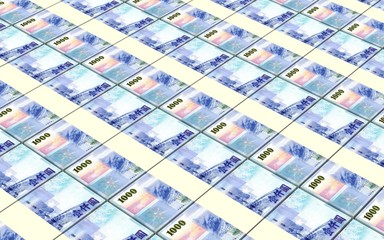 Taiwanese yuan bills stacked background. 3D illustration.