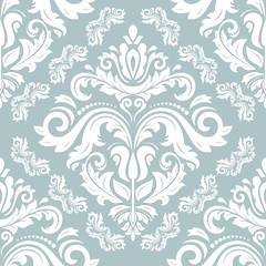 Fototapeta na wymiar Seamless damask pattern. Traditional classic orient ornament. Light blue and white pattern