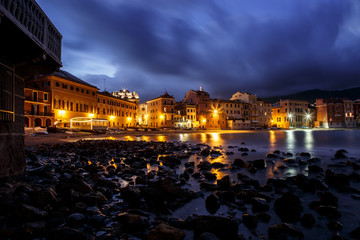Beautiful Mediterranean resort Sestri Levante by night. Liguria, Italy