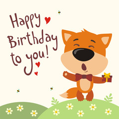 Obraz na płótnie Canvas Happy birthday to you! Funny fox sings birthday song with gift in hand. Card with fox in cartoon style.