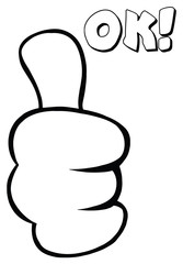 Black And White Cartoon Hand Giving Thumbs Up Gesture. Illustration Isolated On White Background With Text OK