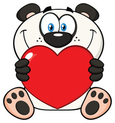 Smiling Panda Bear Cartoon Mascot Character Holding A Valentine Love Heart. Illustration Isolated On White Background