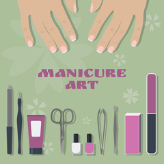 set of tools and accessories for manicure and two female palms