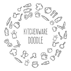 Cartoon funny doodles kitchenware. Hand drawn objects and symbols. Vector illustration for backgrounds, web design, design elements, textile prints, covers, greeting cards.